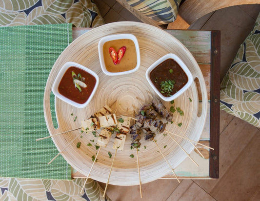 Spicy Satay Skewers with 3 Dipping Sauces